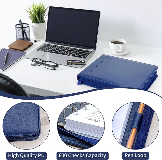 Smarpau 7 Ring PU Leather Check Binder with Zipper Pouch, Holds 600 Checks, Executive Size for 9 13 Inch Sheets, Blue