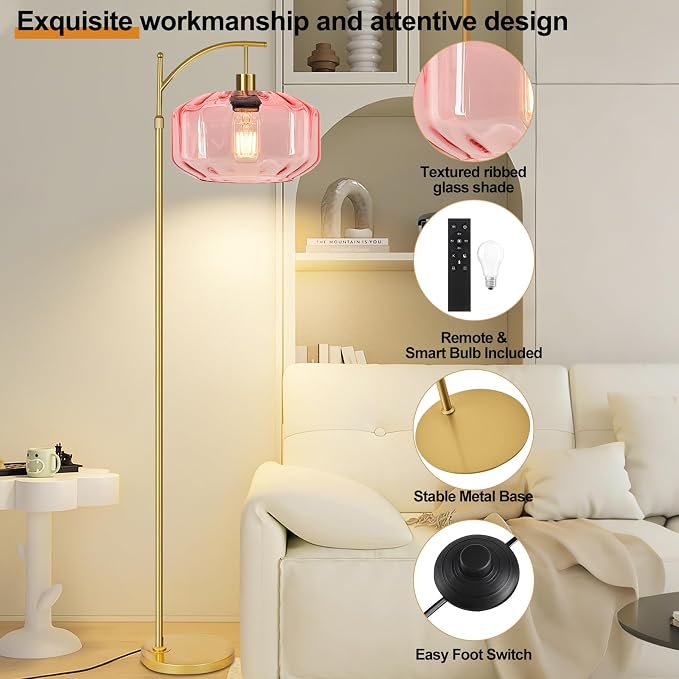 Gold Floor Lamps for Living Room Bedroom,Glass Floor Lamp with Remote Control & Pink Lampshade,Arc Dimmable Floor Lamp Mid Century Modern Standing Lamp Vintage Tall Floor Lamps for Bedroom Corner