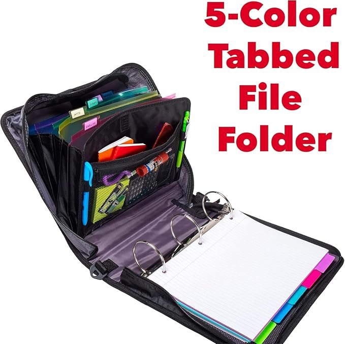Case-it School Zipper Binder | 3" O-Rings | 600-Sheet | D-156-N Jet Black | Mighty Zip Tab, 5-Color Tab Expanding File Folder, Multiple Pockets, Shoulder Strap, Office