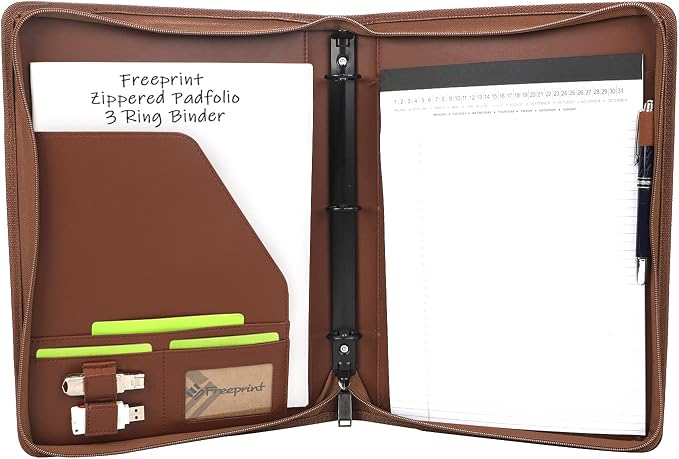 Zippered Portfolio 3 Ring Binder Organizer with Writing Pad Legal Size Letter - PU Leather Padfolio Document Organizer for Interview Business，Brown