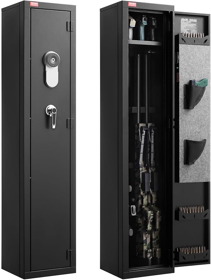 VEVOR Gun Safe, Heavy Duty Cold-Rolled Steel Rifle Cabinet with Fingerprint & Key, Large Long Gun Cabinet with Magazine and LED, Adjustable Racks for Rifles, Pistols, Shotgun(Assembly Required)