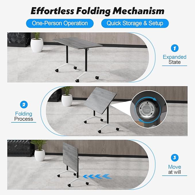 Goakwwuz Conference Room Table, Folding Conference Tables,Thicken Grey Tabletop,Flip Top Wooden Seminar Meeting Room Table for Conference Room Offices (8, Grey, 55.1”)