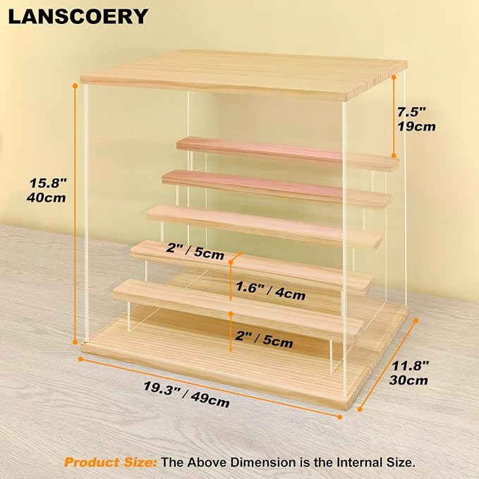 LANSCOERY Acrylic Display Case with RGBW Lights, 6 Tier Large Wood Finish | LANSCOERY Acrylic Display Case with RGBW Lights, 6 Tier Large Wood Finish