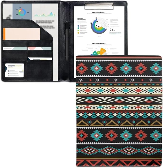 Dreaweet Southwestern Navajo Leather Portfolio Folder Native American Ethnic Tribal Geometric Padfolio Interview Legal Document Organizer,Business Card Holder Included Letter Sized Writing Pad