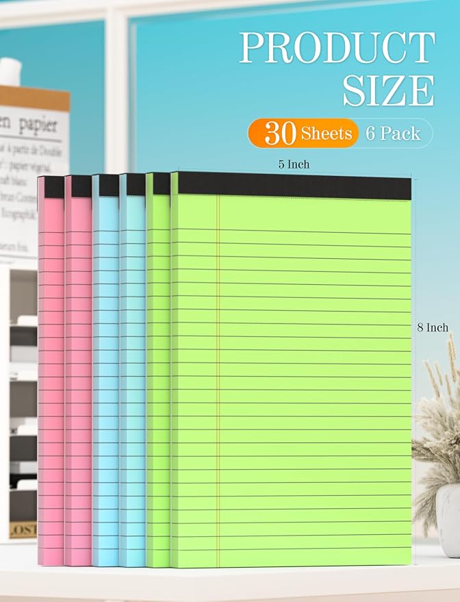 Small Legal Pads 5x8 Colored Note Pads, 6 Pack Small Notepads for Work