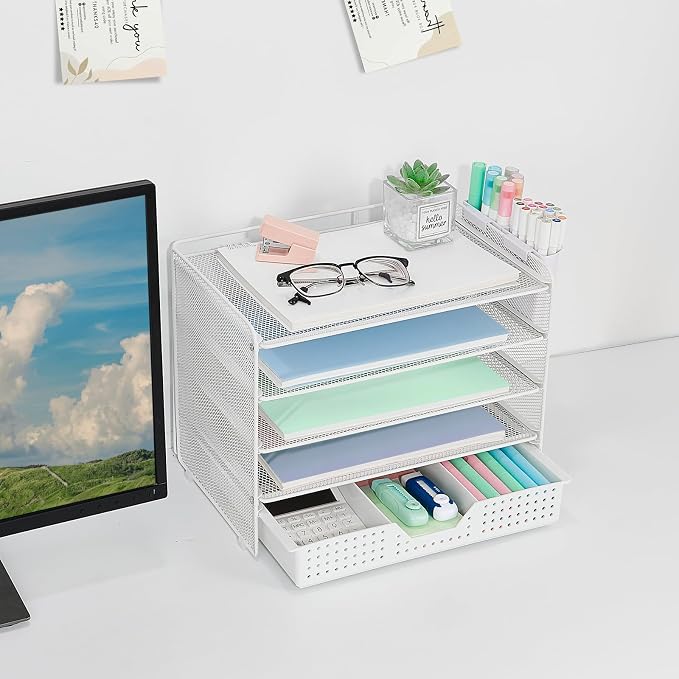 LEKETREE Desk Organizer and Accessories, 5-Tier Paper Letter Tray Organizer with Drawer & 2 Pen Holders for Desktop File Organization, Office Desk Accessories for Supplies Storage (White)