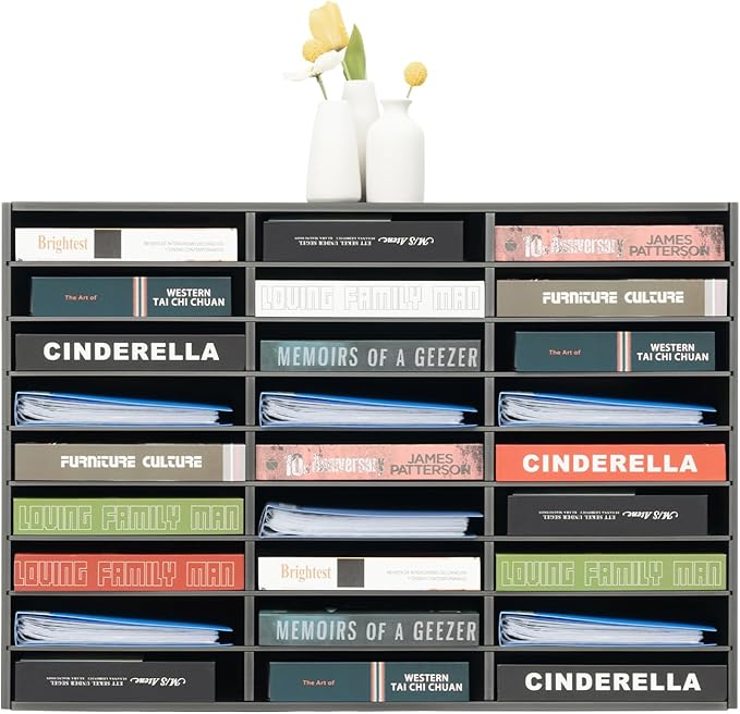 Fifizoo Literature Organizer with 27 Compartments | Adjustable Desktop File Sorter Mail Center for Home, Office & Classroom | PVC Paper Storage Cabinet with Shelves, Black