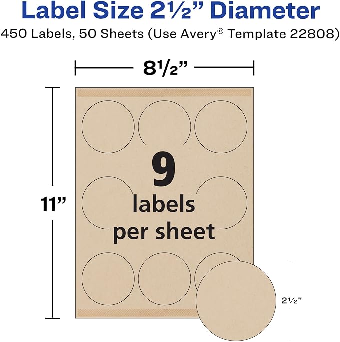 Avery Kraft Brown Round Labels with Sure Feed Technology, 2.5" Diameter, Print to the Edge, Laser/Inkjet Printable Labels, 2 Packs of 22808, 450 Total (5639)