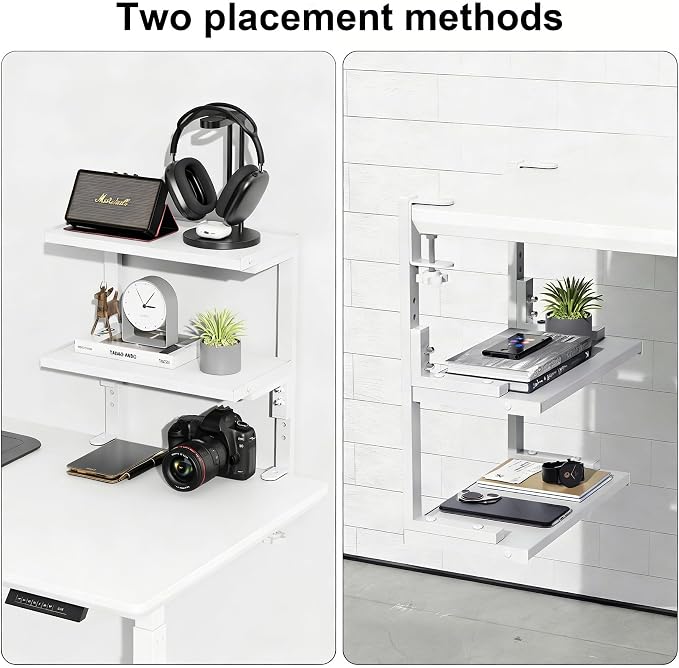 Spacrea Clamp on Desk Shelf, 2 Tier Office Desk Shelves Organizer, Wood Desktop Supplies Storage Rack, Desk Organizers and Accessories (White)