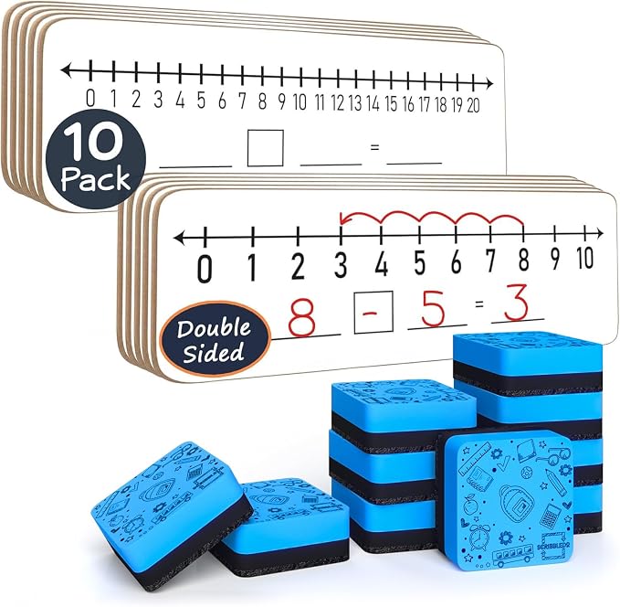 SCRIBBLEDO Dry Erase Number Line Board 12x4 Double Sided 10 Set with Eraser