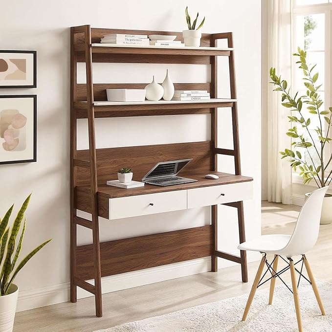 Modway Bixby Home Office Desk with Bookshelf in Walnut White