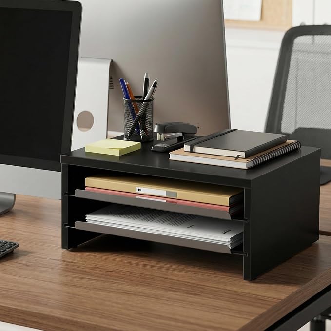 Fenge 14.3-Inch Monitor Stand with Slide-Out Trays, Wood & Metal Desk Shelf | 3-Tier Space-Saving Desk Storage Organizer, Fits Computer, Laptop, Printer and Telephone