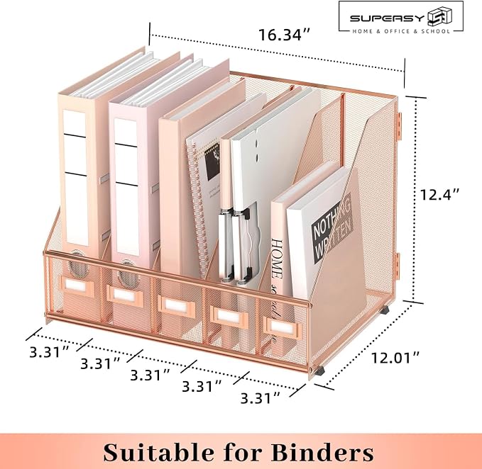 Desk Organizers Metal Desk Magazine File Holder with 5 Vertical Compartments Rack File Organizer for Office Desktop, Home Workspace, Rose Gold, Plus