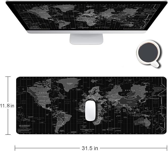 Armanza Large Gaming Mouse Pad, Long Mouse Pads for Desk, Desk Keyboard Mouse Mat, Non-Slip Base Mousepad for Laptop, Office, Home, 31.5" x 11.8"- Black World Map