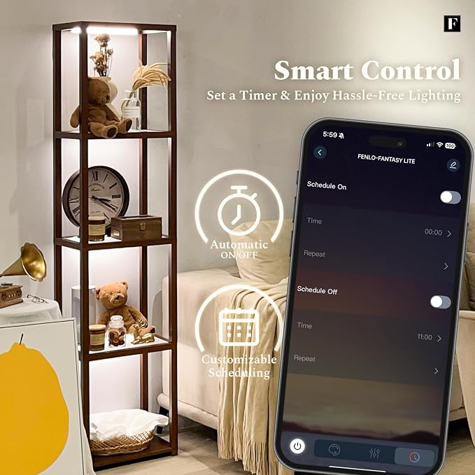 FENLO LED Display Shelf Unit – Dimmable Lighted Furniture for Bedroom, Living Room, or Office – Glass Curio Cabinet Shelf Lamp with App + Remote Control + Adjustable Lighting