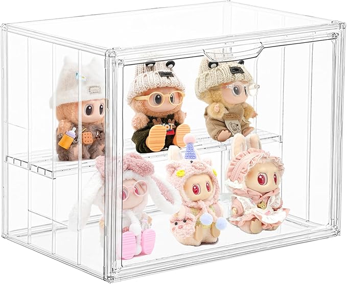 Acrylic Display Case for Collectibles, 4 Tier Figure Display Box, 4 Pack | 3 Movable Dividers, Magnetic Door for Easy Access, Clear Showcase, Easy Assembly, Stable Stacking, Wide Handle, Dustproof