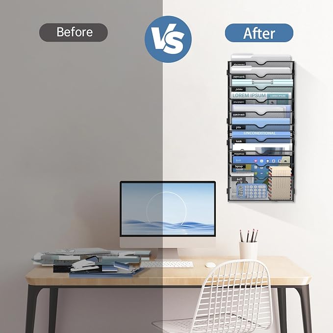 10 Tier Wall File Organizer Office Hanging Mail Holder Wall Mounted, Mesh Paper Document Organizer for Office Home School, Black | Wall Organizer and Wall Mounted File Holder with 10 Pockets and Label Panels for Files, Mail, Folders, Magazines and Paper