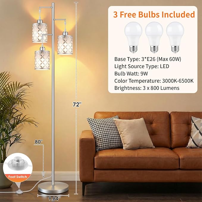 Dimmable Floor Lamp, Farmhouse Standing Lamp with Elegant Metal Cage, Industrial Tall Tree Floor Lamps for Living Room Bedroom Study Office with Remote & 3x 1100LM 12W LED Bulbs, 72" Silver