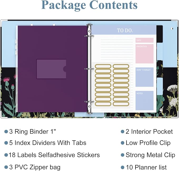 3 Ring Binder, 1 Inches Round Ring Binder with Clipboard, Dividers Tabs, PVC Zipper Bag Sleeves & to Do List Planners for Women, Men, School, Office Supplies, Wild Flower