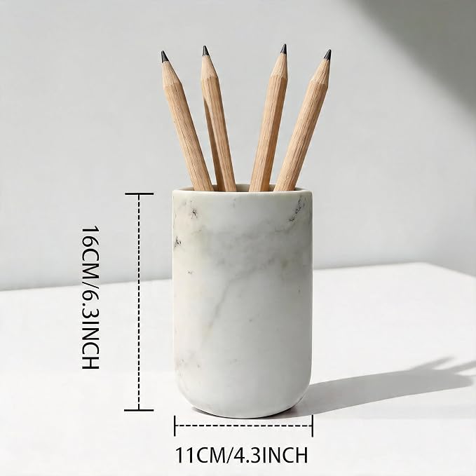 Marble Pen Holder, Minimalist Desk Stationery Cup for Home Office | Solid marble,Natural unique stone veins,Smooth polished finish,Weighted non-slip base,Stable anti-topple structure