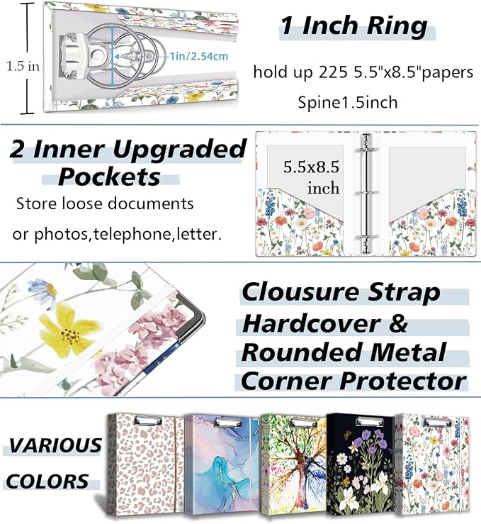 A5 Binder 3 Ring 1 Inch for 5.5"x8.5" Paper, Cute Mini Three Ring Binders with Clipboard,5-Tab Dividers,Interior Pocket, Spine Label, BVSSX Small Binder with Pen Holder, Blue Bloom