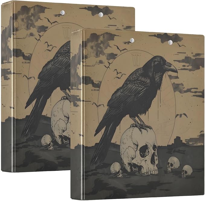 JIPONI 3 Ring Binder Gothic Style Crow 1 Inch Round Binders for Men Women Students, Cute File Organizer for Office Home School