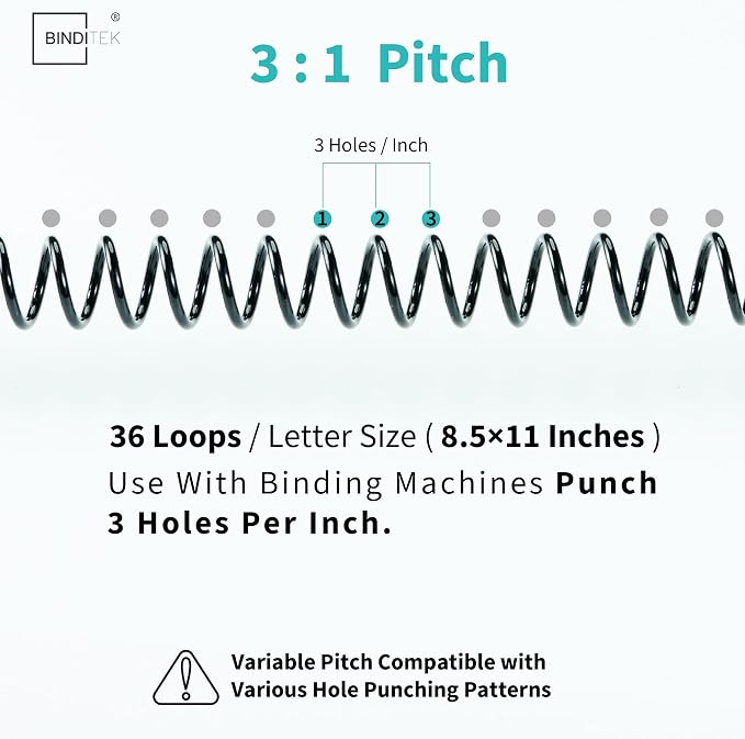 Binditek Plastic Spiral Binding Coils, Multi Size 3:1 Pitch, Black 100 Pack | 4 Different Sizes (6mm, 8mm, 10mm, 12mm)(1/4", 5/16", 3/8", 1/2"), 36 Loops, for Letter-Size School and Office Projects