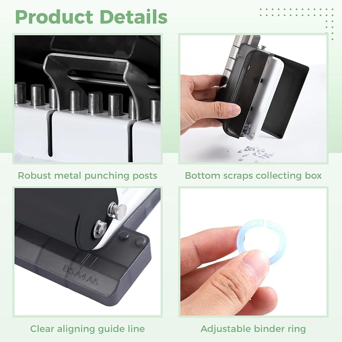 10-Hole Binder Machine Kit, Manual Binding System with 10 Pcs Loose Leaf Binding Spines & 100 Pcs Binder Rings, Binding Machine for Planner, 26 Holes on B5, 30 Holes on A4, 20 Holes on A5