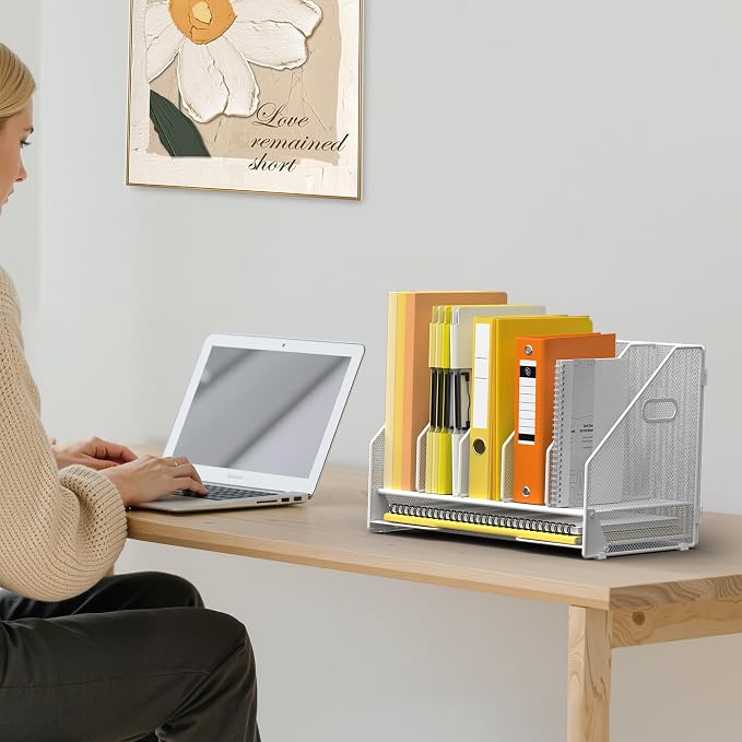 Docnest Mesh Desk File Organizer, 5 Vertical Compartment Box Sorter, White | Features 4 removable middle dividers for custom spacing and a bottom letter tray to hold paper, mail, and documents