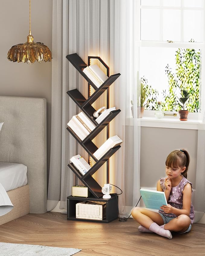 Casaottima Tree Bookshelf with LED Lights, 6-Tier Small Bookshelf, Black | Narrow Bookcase for Small Spaces, Steel & Wood Storage Shelf with Cabinet, Home Organizer for Living Room, Bedroom, Office