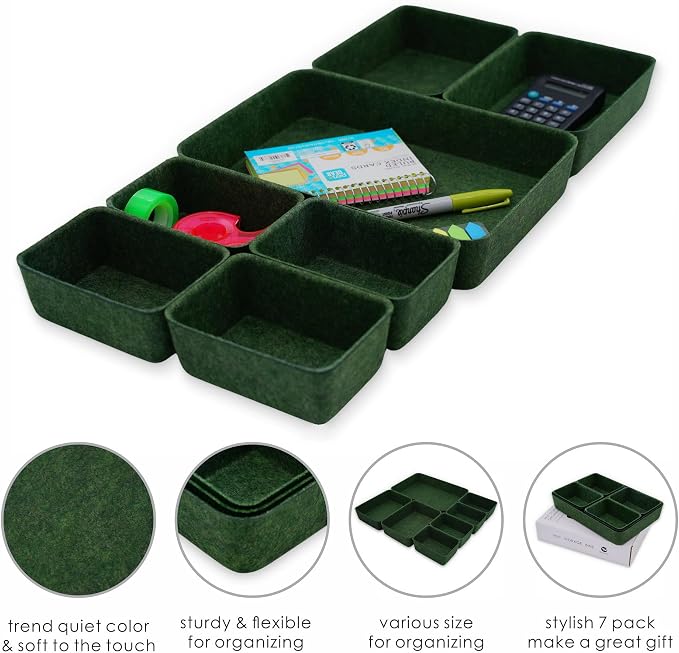 7-Piece Felt Drawer Organizer Bins, Dividers Tray Set, Forest Green