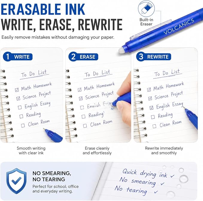Volcanics Retractable Erasable Gel Pens, 24 Pack, 6 Colors, 0.7mm
