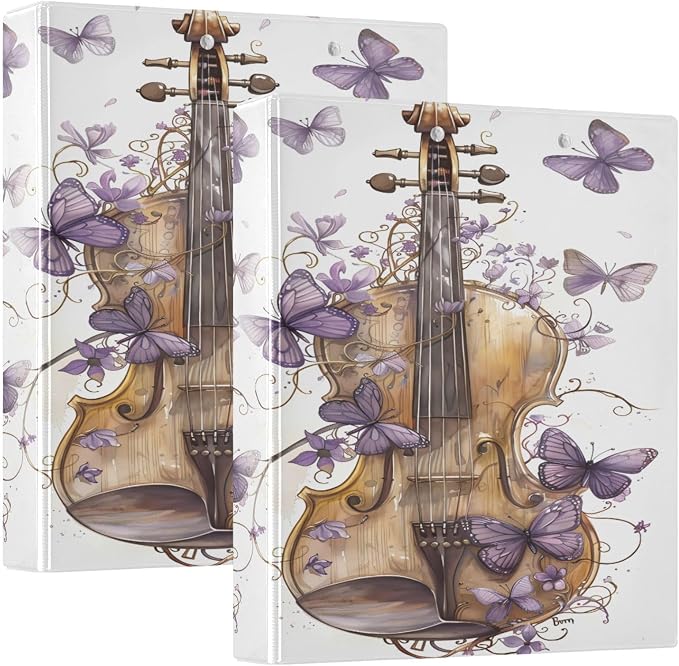 3 Ring Binder Violin Butterfly Music 1.5 inch Binders Three Ring Binders with Clipboard Fit 8.5'' x 11'' Paper 3 Interior PVC Clear Pockets for Office Supplies