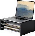 Fenge 14.3-Inch Monitor Stand with Slide-Out Trays, Wood & Metal Desk Shelf | 3-Tier Space-Saving Desk Storage Organizer, Fits Computer, Laptop, Printer and Telephone