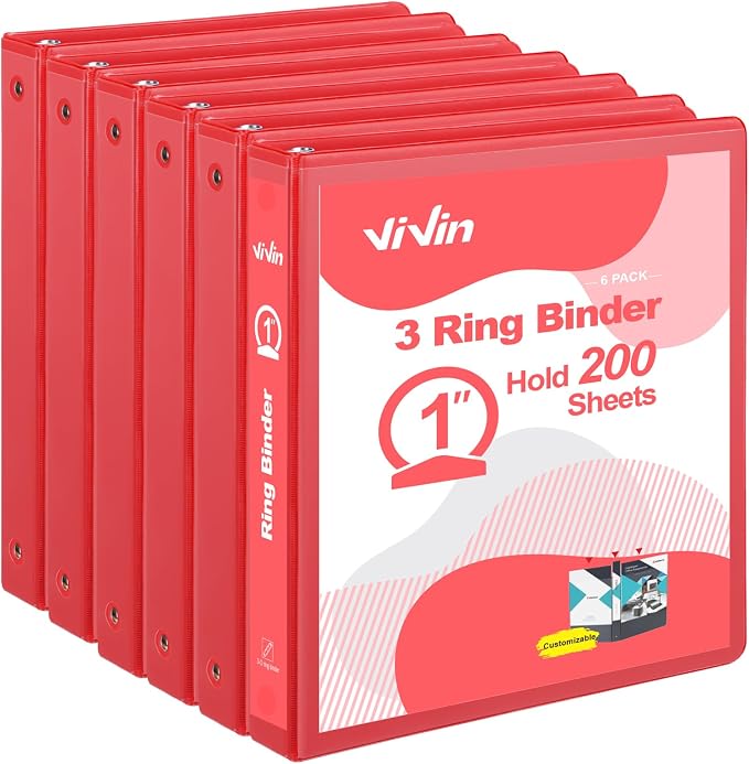 ViVin 1 Inch Round Ring View Binder for Durability, 6-Pack (Red) | Standard 3 Ring Binder for 200 Sheets of US Letter Size Paper, PVC-Free, Clear View Cover, Office Home School Use