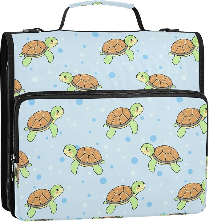Cartoon Turtles Blue Print Zipper Binder Bag 3 Ring with Shoulder Strap & Handle Multi Pocket Binder Organizer Bag Large Capacity for School Office Supplies
