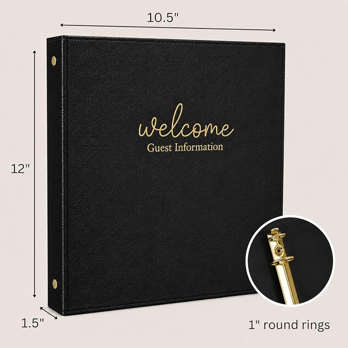 Paper 'n Such Welcome Binder for Short Term Rentals – Black Faux Leather 3 Ring Folder for Airbnb, Vacation Home, House Manual & Guest Information - Letter Size