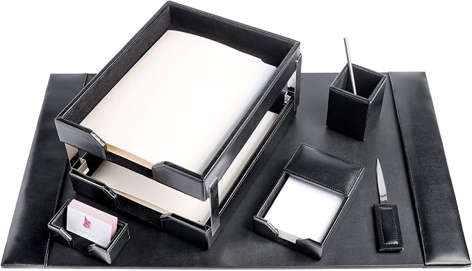 DACASSO Bonded Leather Desk Set - Luxury Leather Desk Pad & Desk Organization Essentials - Office Organization & Executive Desk Decor - (Black, 8 Piece)