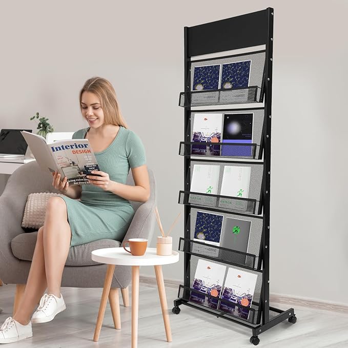Magazine Display Stand, Magazine Holder with 4 Wheels, Screwdriver and Spanner for Shops, Christmas-Themed Shops, Offices, Living Rooms
