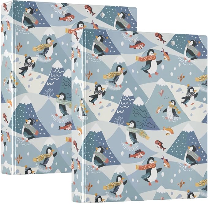 Skiing Penguins Winter 3 Ring Binder 1.5" Decorative D-Ring Binder with Clipboard&3 Clear Pockets, Holds 200 Sheets A4 Size Paper Waterproof Binders for School Home Office|2 Pack