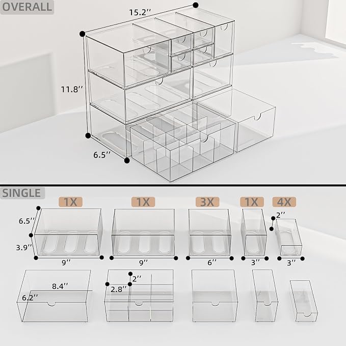 Clear 10-Drawer Stackable Desk Organizer Storage Set | Unique nine-grid drawer, Acrylic, Separate drawers, Dustproof, Easy to clean, for Office supplies, Pens, Jewelry, Makeup