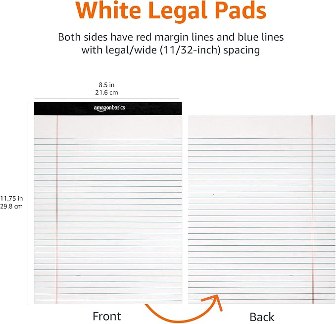 Amazon Basics Legal/Wide Ruled 8-1/2 by 11-3/4 Legal Pad, White, 600 Count (12 Pack of 50 Sheets)