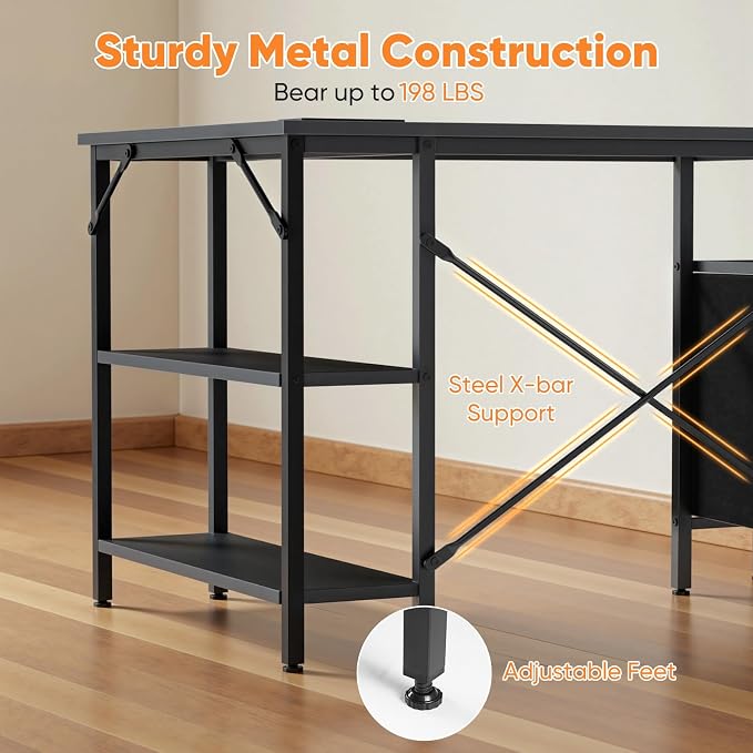 DUMOS L Shaped Desk with Drawers, Gaming Desk, 55 Inch | Power Outlet, Study Table, Adjustable Shelves, Home Office, Corner Computer Workstation, Bedroom, Black