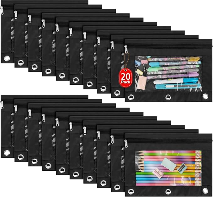 IKAYAS 20 Pack Pencil Pouch for 3 Ring Binder with Zipper, Black | Pencil Pouches Pencil Bags for Classroom bulk Pencil Box Pencil Case for Storing School Students Teacher Supplies