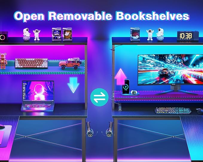 AODK L Shaped Desk Gaming Desk with LED Light & Power Outlet | 61 Inch Black Reversible L Shaped Computer Table with Shelf & Storage Bag & Hook for Home Office