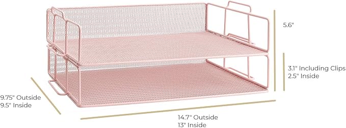 BLU MONACO | Paper Tray Stackable Pink Mesh Set of 2 | Stackable File Trays for Desk Organization | Tiered Desk Organizer with Metal Letter Trays and Workspace Organizer