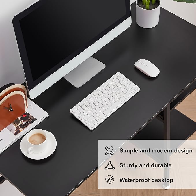 VECELO 43.1 Inch Computer Desk Home Office Black Study Desk Work Office Table with Shelves Wooden Desk for Bedroom