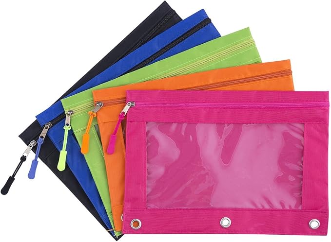 Pencil Pouch for 3 Ring Binder, Large Pencil Case with Clear Window, Metal Zipper Binder Pencil Pouches Fit Standard Binders, Durable Organizer for Office School Supplies 5 Pack