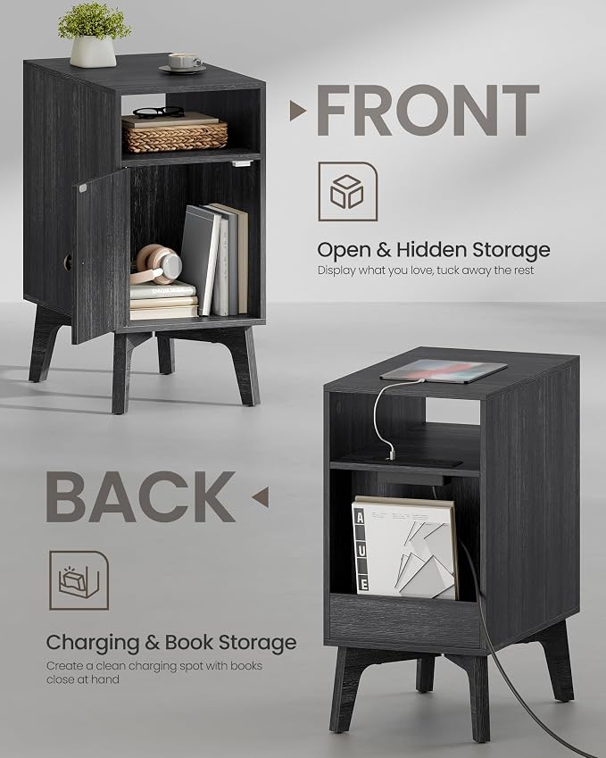 VASAGLE End Table with Charging Station, Narrow Side Table, Nightstand | Tapered Legs, Curved Transitions, for Small Spaces, Living Room, Bedroom, Charcoal Gray, MAEZO Collection ULET329B101S