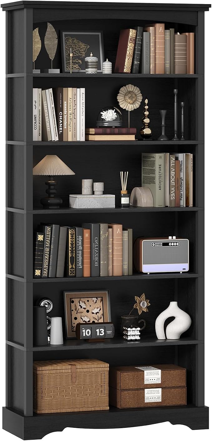 TVU 6-Tier Wooden Bookshelf, 76 Inch Tall Bookshelf with Storage, Floor Standing Modern Style Display Bookcase for Living Room, Office, Study Room, Entryway, Black